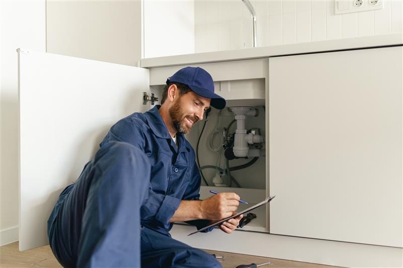 Residential plumber reviewing plumbing repairs in a Colorado Springs kitchen