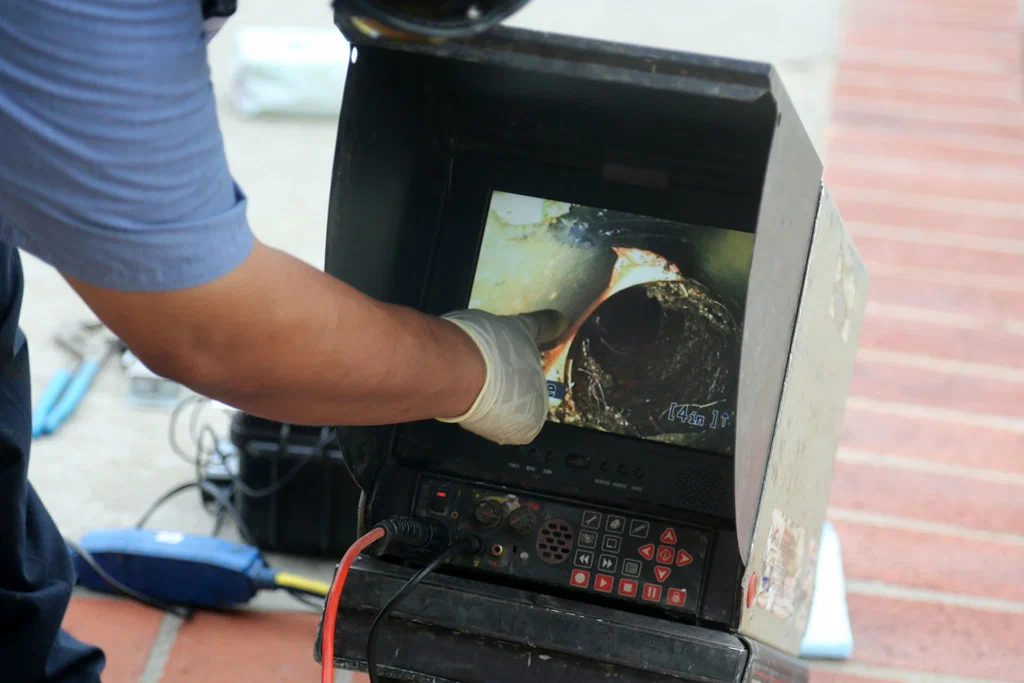 Technician viewing a drain inspection camera in Colorado Springs