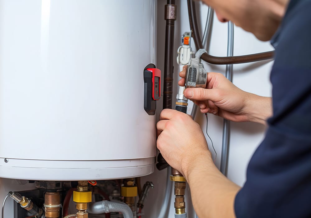 Technician repairing pipes connected to a water heater in Colorado Springs